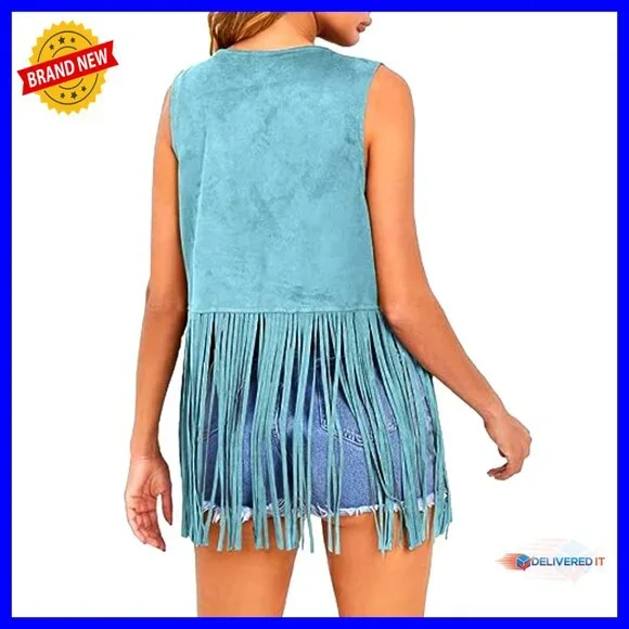 Faux Suede Fringe Vest Sleeveless Boho Retro Western Cowgirl Outerwear